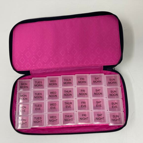 Vera Bradley Large Travel Pill Case Organizer In Flamingo Fiesta Navy Blue Pink - Picture 2 of 16